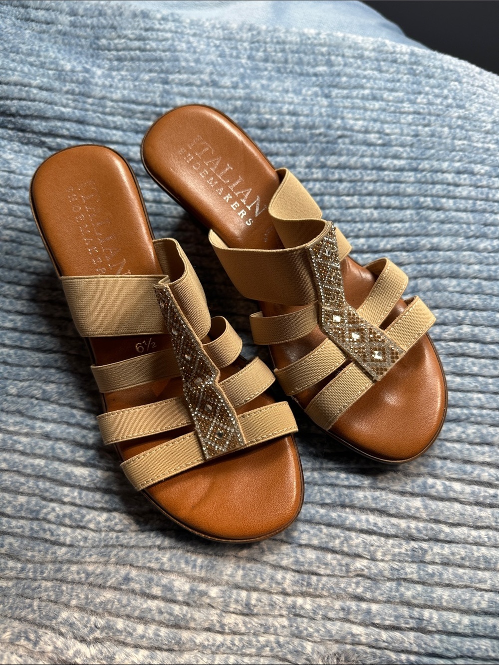 Italian Shoemakers Tan Beaded Multi-Strap Slide Sandals